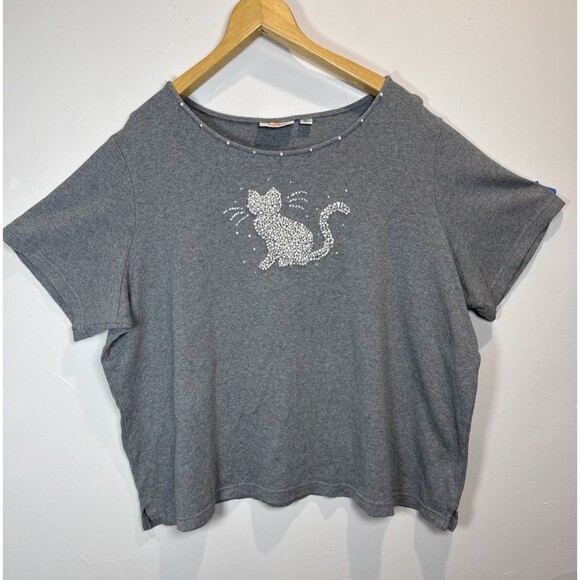 Quacker Factory Tops - Quacker Factory Beaded Cat Top Gray Size 2X Cat Lady